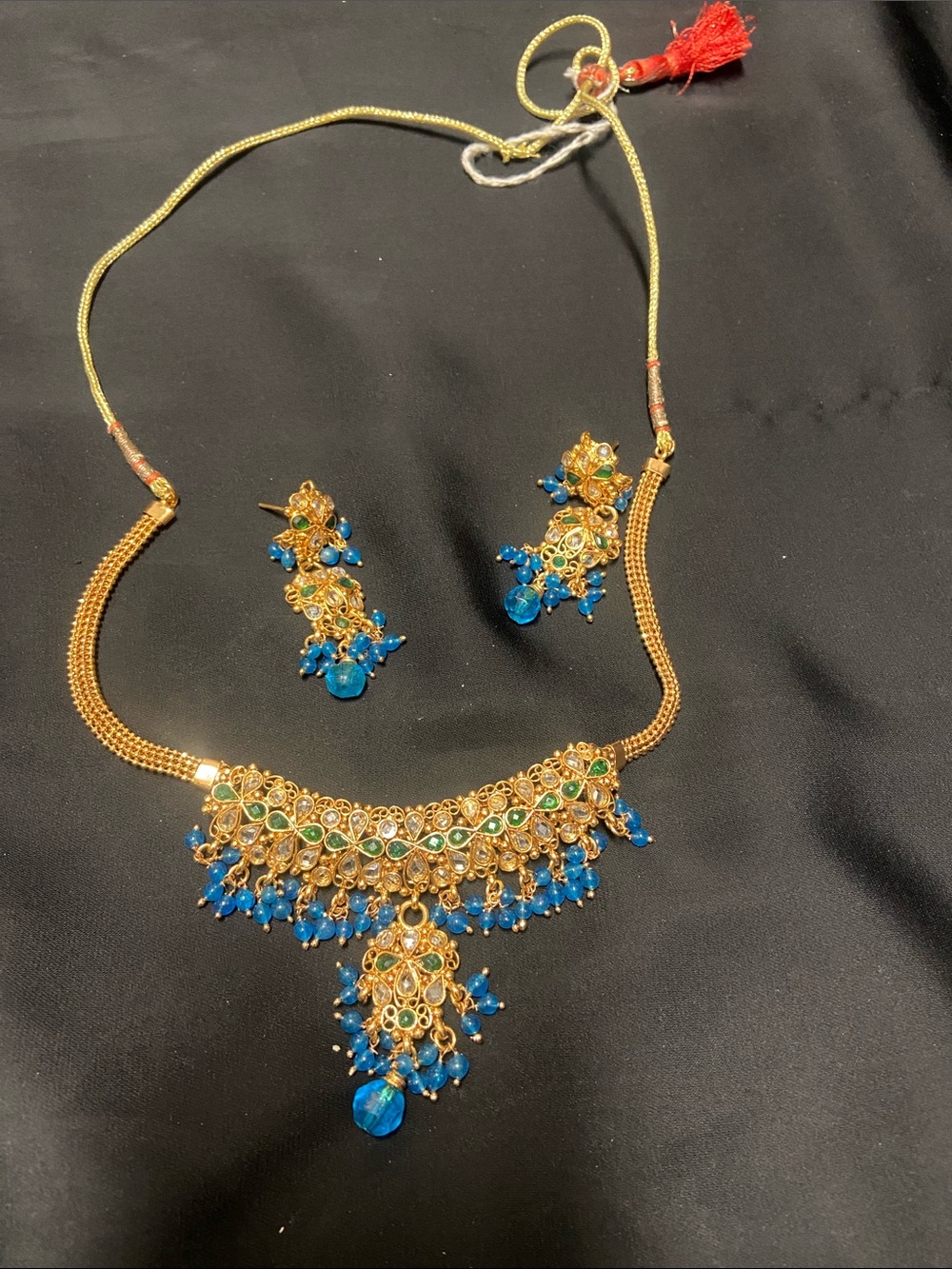 Gold-Tone Necklace and Earring Set with Blue and Green Accents - Indian Jewelry